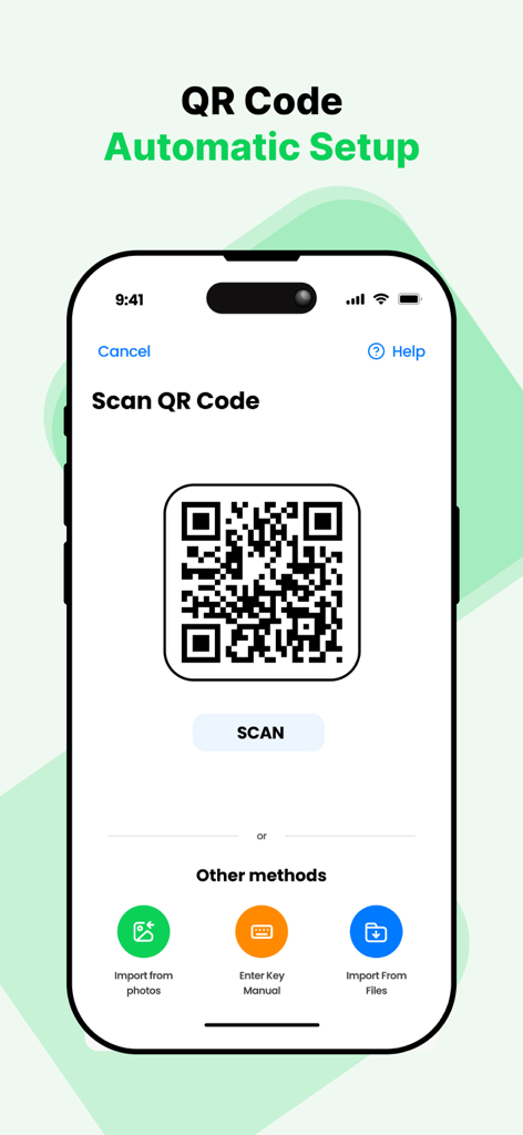 Interface do Aplicativo Autenticador mostrando o scanner de código QR para configuração automática de contas e opções de entrada manual