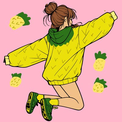 realistic girl jumping with a bun and oversized sweatshirt
