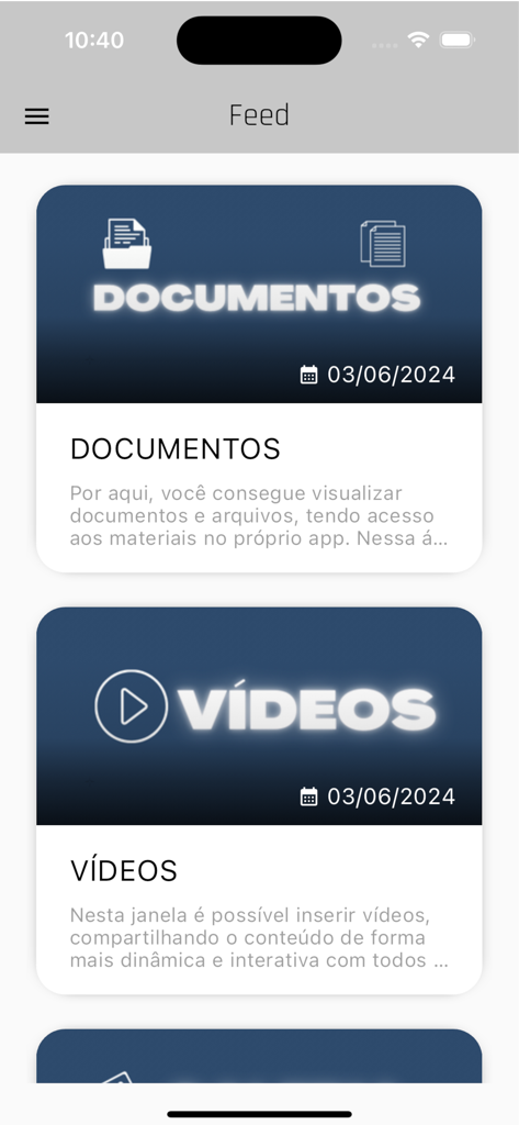 Vale Sports - Vale Sports mobile app feed with document and video category cards