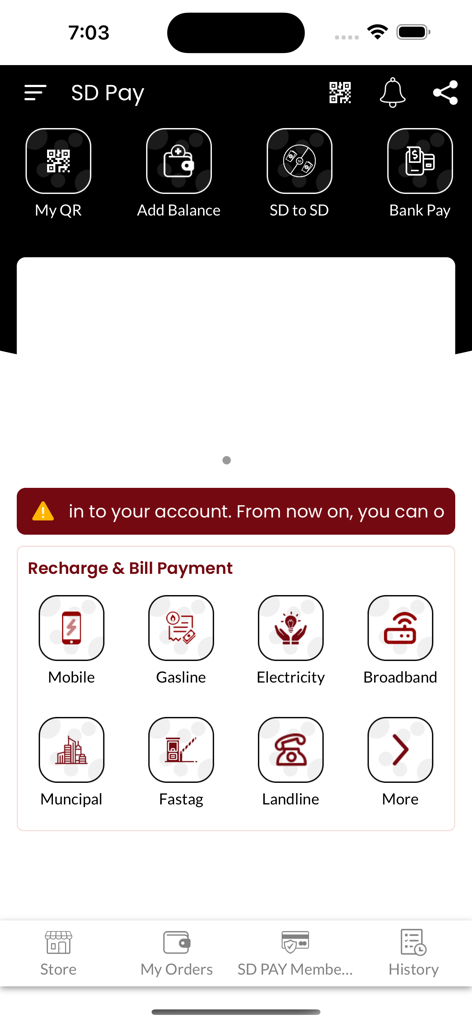 Panel de la aplicación SDPay con iconos para recarga de móvil y pagos de facturas de servicios públicos
