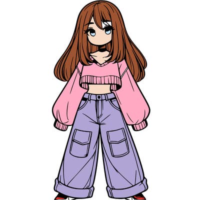 cute girl with straight hair in baggy jeans and a crop top and a sweater