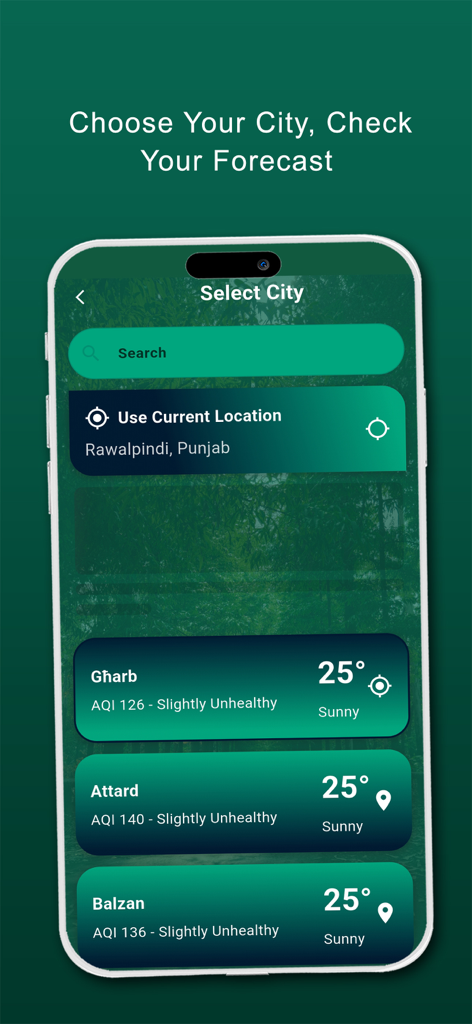 Malta Weather Forecast - Un'interfaccia dell'app mobile Malta Weather Forecast che mostra una schermata di selezione città con dati meteo locali per Għarb, Attard e Balzan.