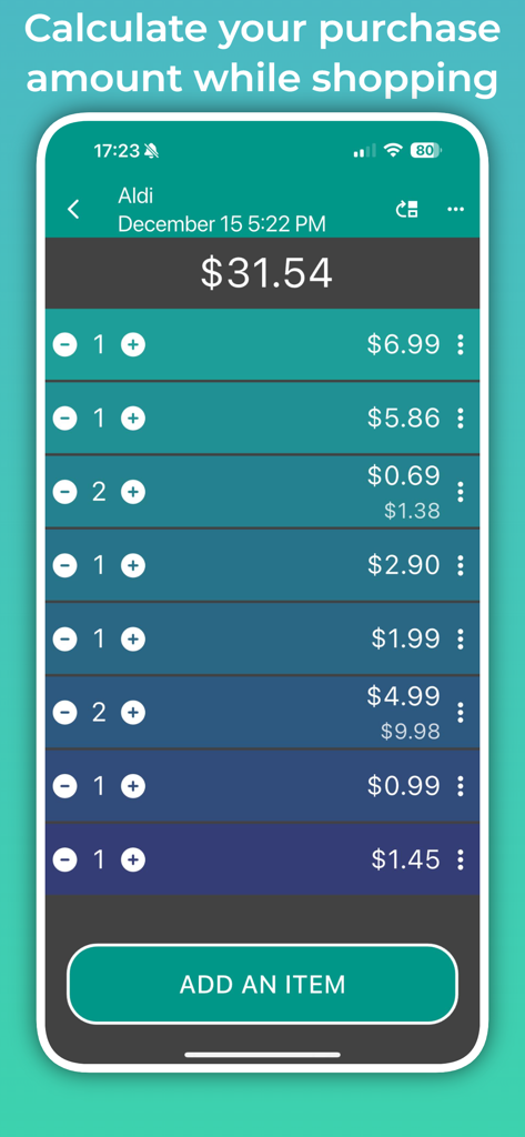 Shopping Calculator. - Interfaz de la aplicación Calculadora de Compras mostrando una lista detallada de precios de comestibles y un total de compra.