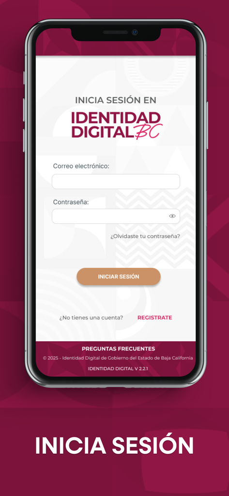 Identidad Digital BC - Login screen of the Identidad Digital BC app showing email and password fields for digital identity access