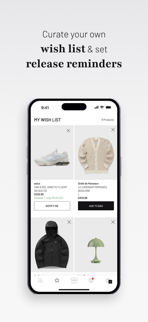 Écran de liste de souhaits de l'application BSTN Store montrant des baskets et du streetwear sélectionnés avec des notifications de sortie