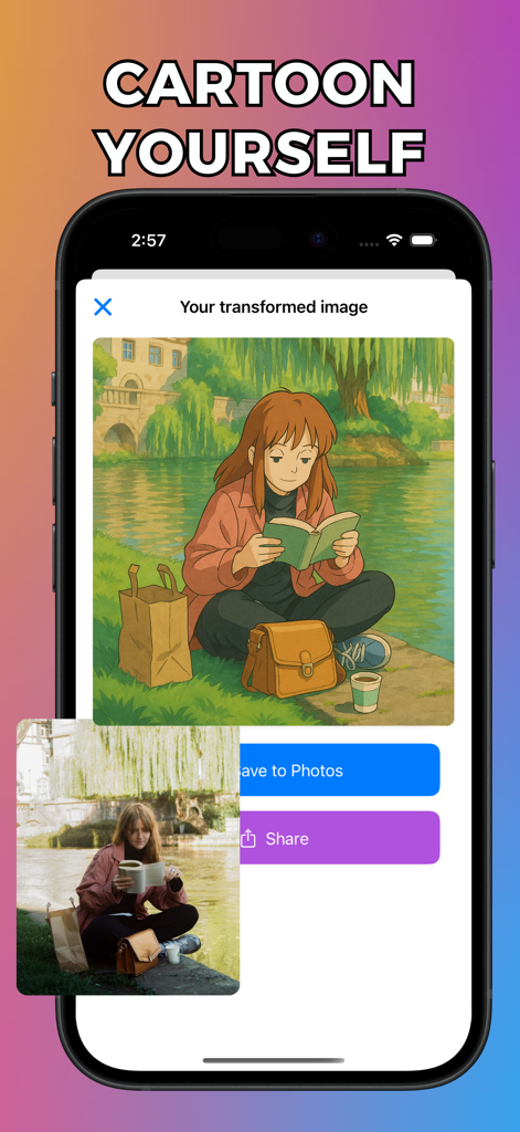 Cartoon Yourself: ToonMe - Interfaz de la aplicación móvil que muestra una foto de una mujer leyendo junto a un río transformada en una ilustración de anime estilizada con opciones para guardar y compartir.