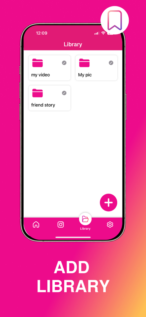 Story Saver: ig Insta Save - Mobile app library screen with folders for saved Instagram stories and videos.