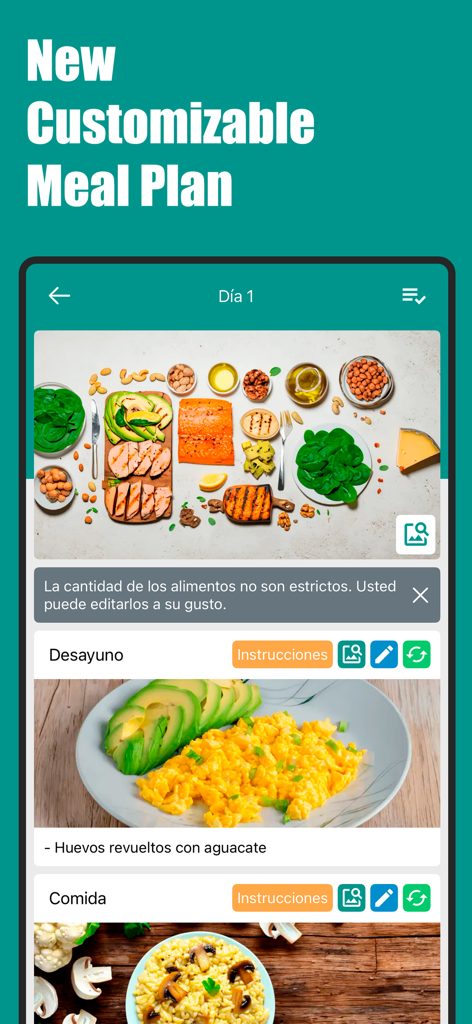 Interfaz de la aplicación Dieta Keto que muestra un plan de comidas diario personalizable con opciones de desayuno y almuerzo.