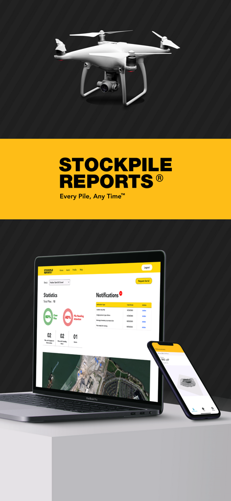 SR Measure - ラップトップとスマートフォン上の在庫レポートプラットフォーム、山の測定値とドローンの画像を表示