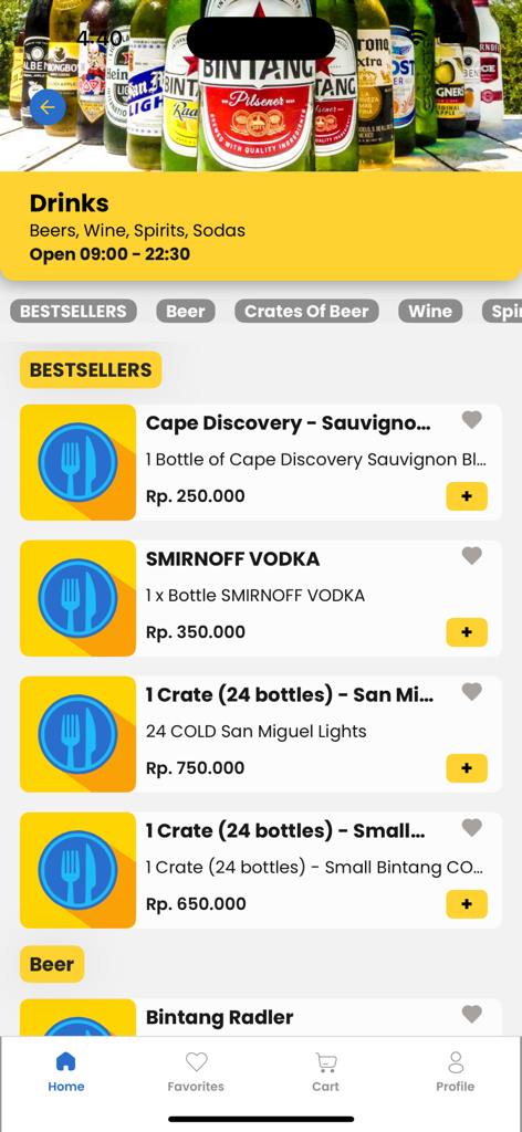 Palmz - Palmz app screen showing a menu of beers, wine, and spirits for delivery in Gili Trawangan.