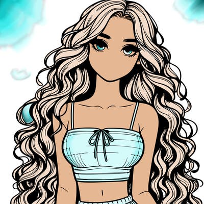 realistic girl with long curly hair and a crop top
