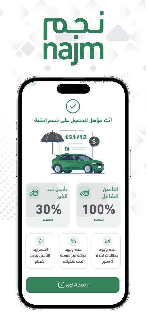 Najm mobile app interface displaying eligibility for vehicle insurance discounts with percentage details and car illustration