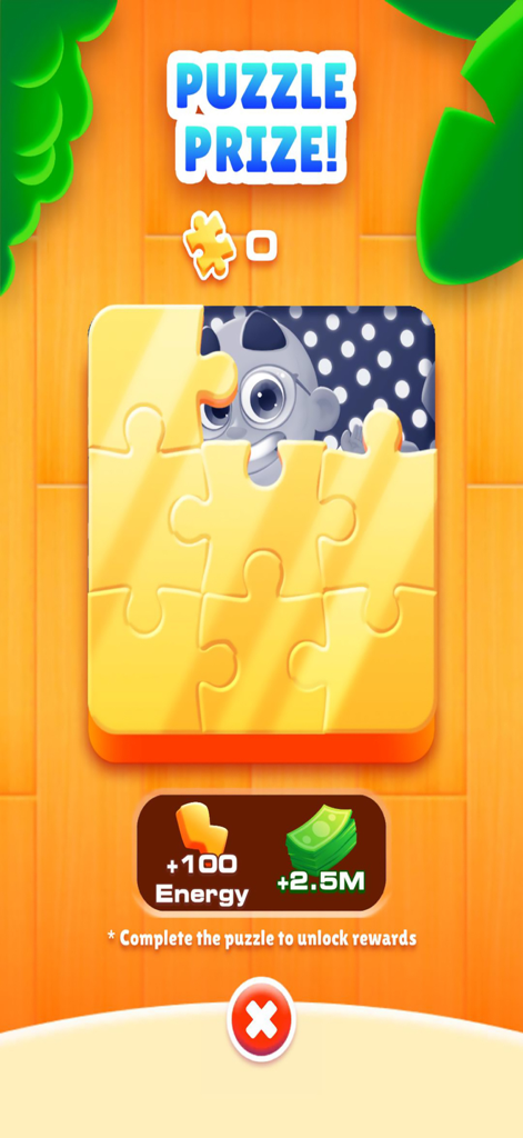 Puzzle prize screen in the Deal or No Deal mobile game showing rewards for completing a jigsaw puzzle.