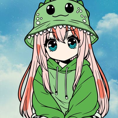 girl with anime shaped eyes with a dinosaur bucket hat oversized sweatshirt long straight hair