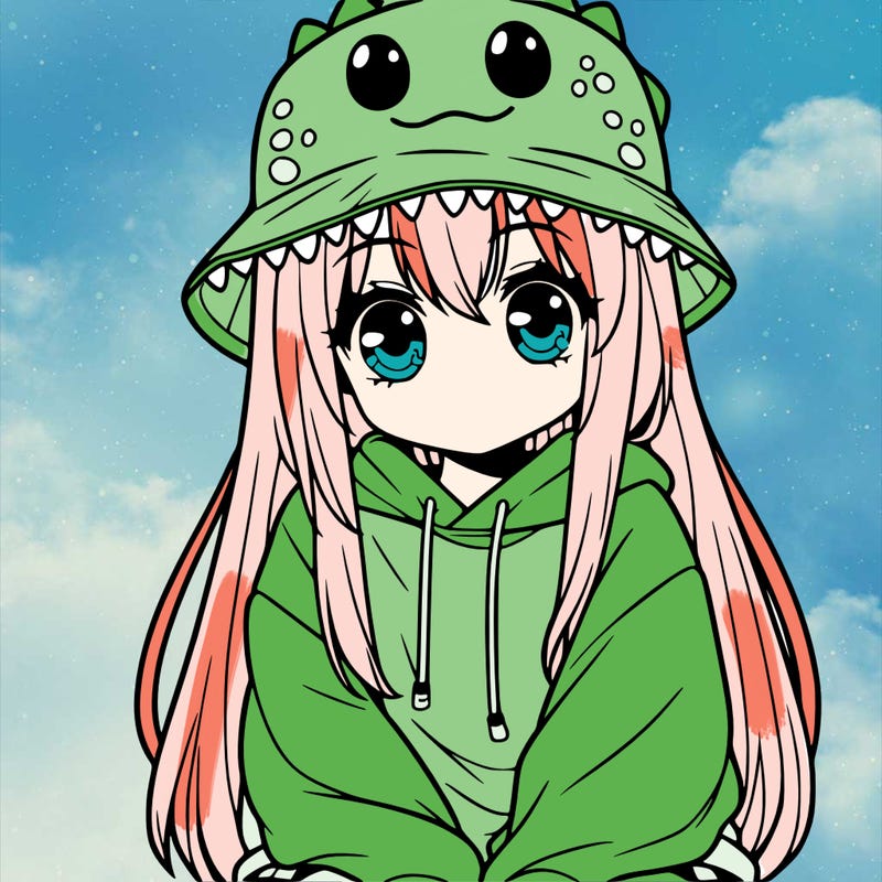 girl with anime shaped eyes with a dinosaur bucket hat oversized sweatshirt long straight hair