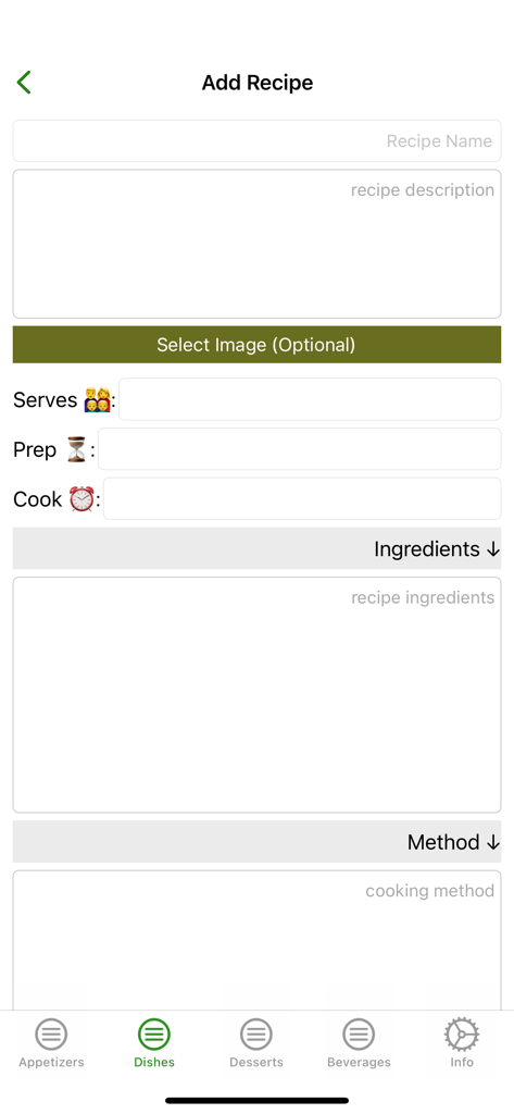 My Recipes: Create and Share - Der Bildschirm zum Hinzufügen von Rezepten in der App mit Feldern für Rezeptname, Beschreibung, Portionen, Zubereitungszeit und Zutaten.