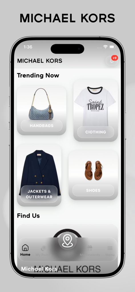 MICHAEL KORS REWARDS - The Michael Kors Rewards app interface showing trending fashion categories including handbags and clothing