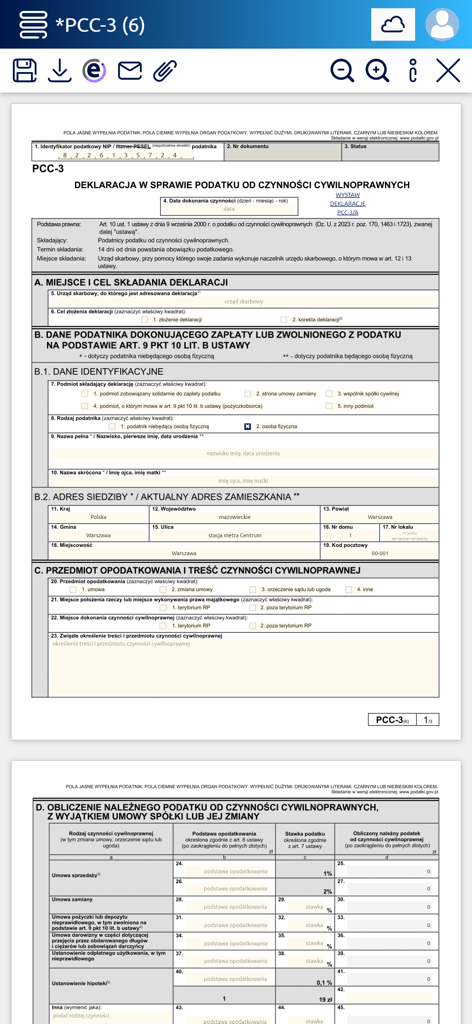 firmly - Interface de aplicativo móvel mostrando um documento de declaração de imposto PCC-3 polonês