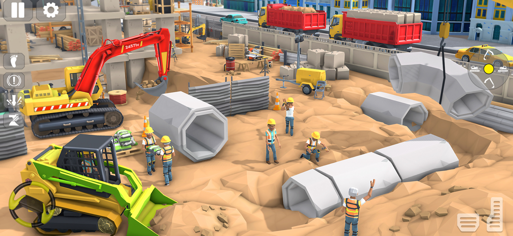 Builder City Construction 3D - Obra con trabajadores y maquinaria pesada colocando tuberías de hormigón