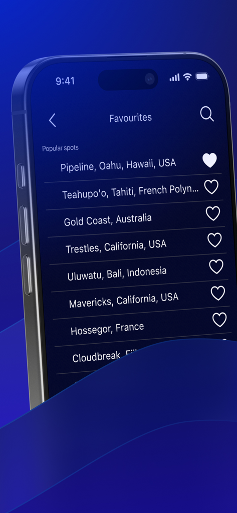 Cloud-W - Cloud-W app screen showing a list of popular surfing locations saved as favorites on an iPhone