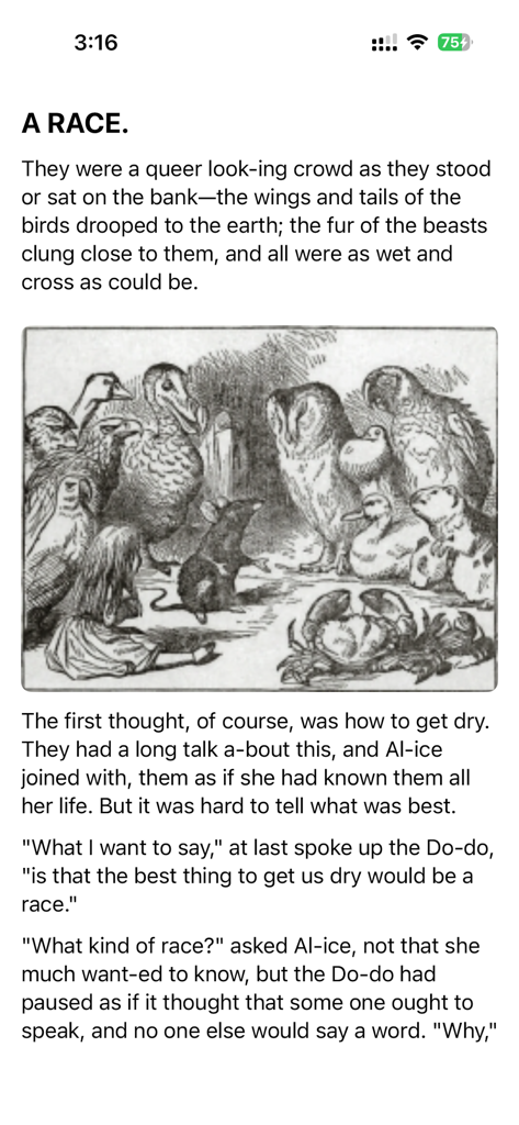 Bukai app displaying a book page with clean typography and a classic vintage illustration