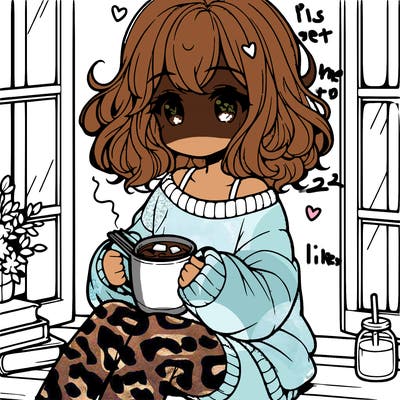 cute anime girl reading book and drinking hot chocolate from mug with loose wavy hair wearing a baggy sweatshirt and shorts sitting by windowsill looking out