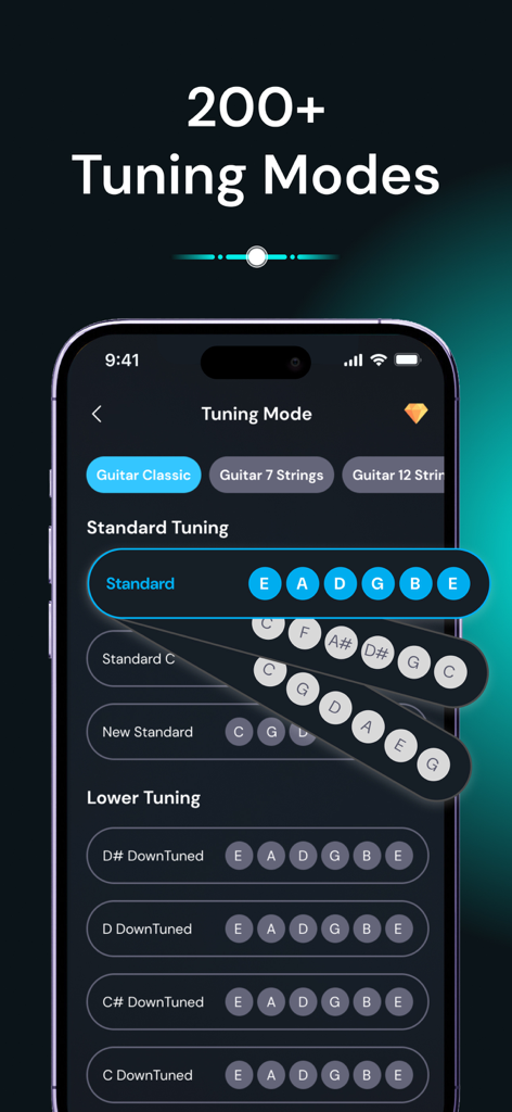Interfaz de la aplicación IGuitar que muestra más de 200 modos de afinación para guitarras estándar y de varias cuerdas