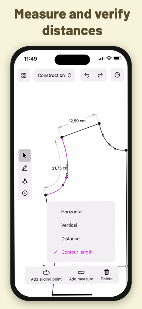 DartSide app interface showing technical measurements and contour lengths for a digital sewing pattern.