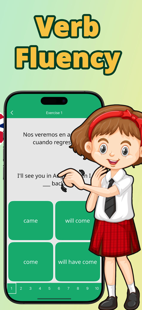 English verbs in sentences - Aplicación de gramática inglesa que muestra un ejercicio de selección de tiempos verbales con opciones de opción múltiple.