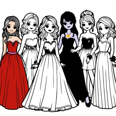 group of teenage girls in prom dresses