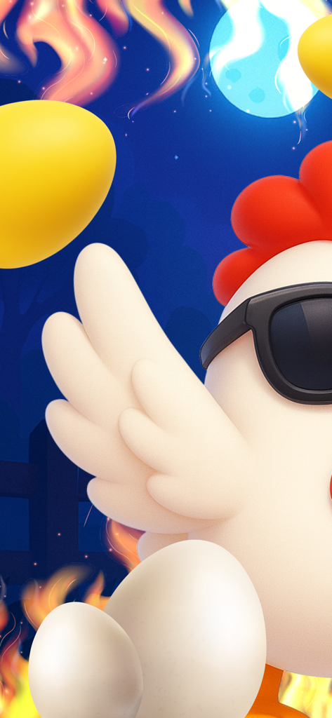 Fowl Fusion: Legacy Awaits - Primer plano de un pollo blanco con gafas de sol con huevos blancos y amarillos en un entorno nocturno