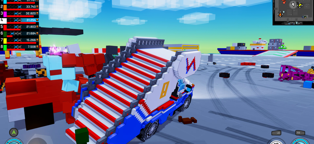 Carnage: Battle Arena - A voxel-style staircase vehicle in a demolition derby arena from the mobile game Carnage Battle Arena.