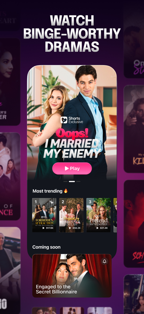 Shorts - Reel Short Drama - Interface do aplicativo móvel Shorts Reel Short Drama mostrando dramas românticos em alta e um botão de reprodução para Oops I Married My Enemy
