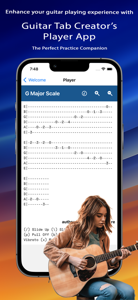 Guitar Tab Creator Player app displaying the G Major Scale tablature on an iPhone with a person playing an acoustic guitar