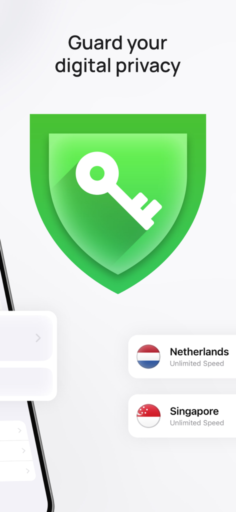 EVPN app screen displaying a green privacy shield icon and server locations for Netherlands and Singapore