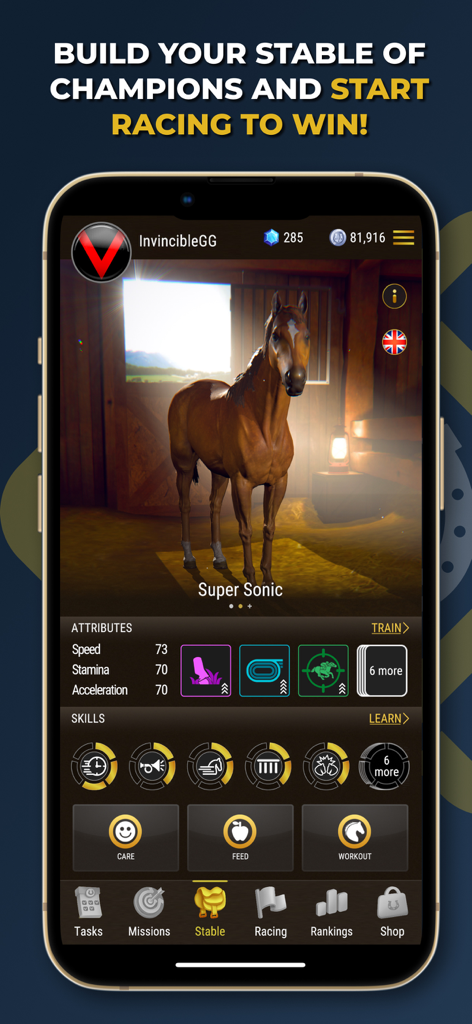 Owners Club의 마구간 관리 화면, 말 속성과 훈련 옵션 표시