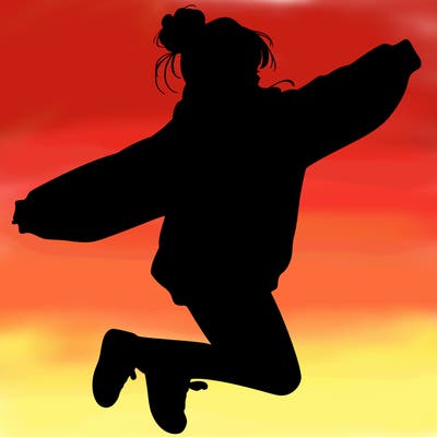 realistic girl jumping with a bun and oversized sweatshirt