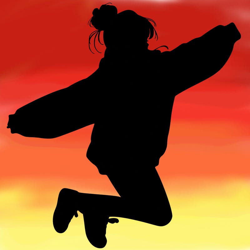 realistic girl jumping with a bun and oversized sweatshirt