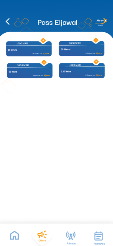 MyMoovMauritel - A screen from the MyMoovMauritel app displaying various Pass Eljawal mobile credit options for 1000 MRU