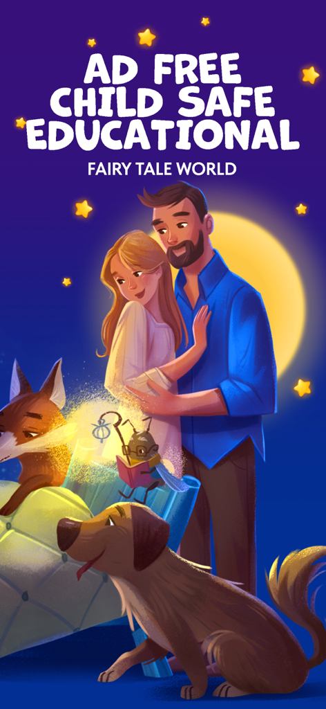 Eine Familie und Fabeltiere in einer magischen Welt für Kidabook-Guten-Nacht-Geschichten