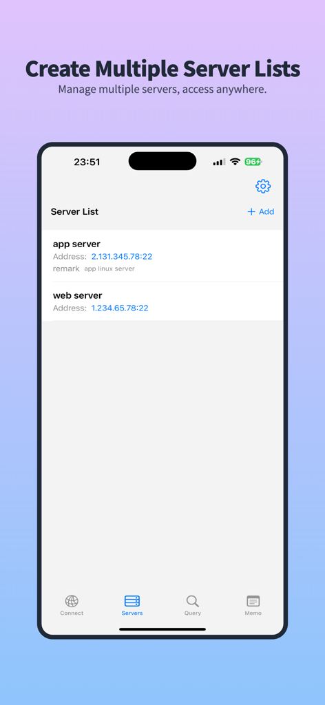 Server360 App-Oberfläche mit einer Liste verbundener Server und IP-Adressen für die Remote-SSH-Verwaltung.