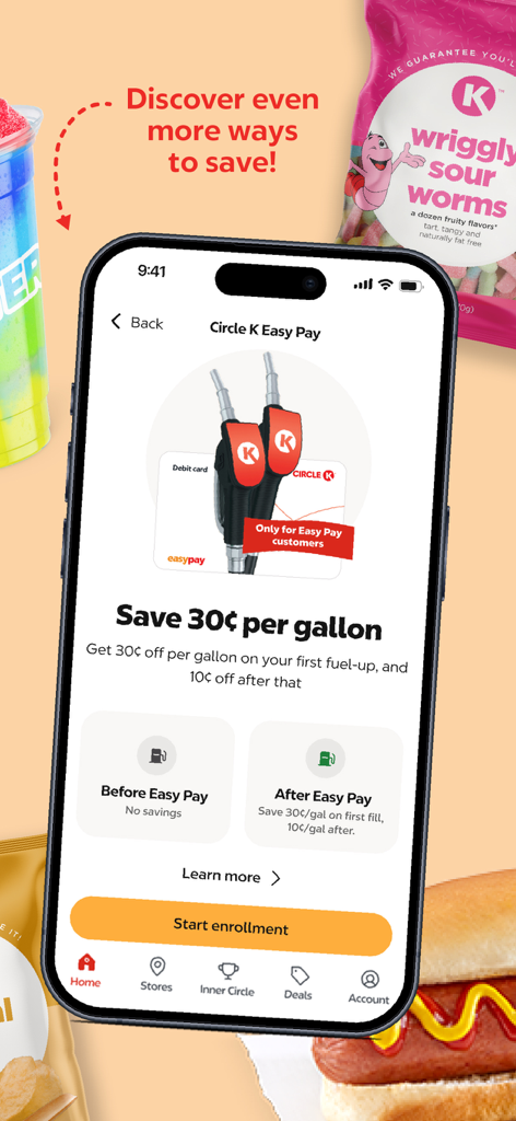 Circle K - Circle K app interface showing fuel discounts of thirty cents per gallon with Easy Pay enrollment