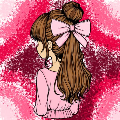 realistic girl  with hip length hair a bun and a big bow on the back of head