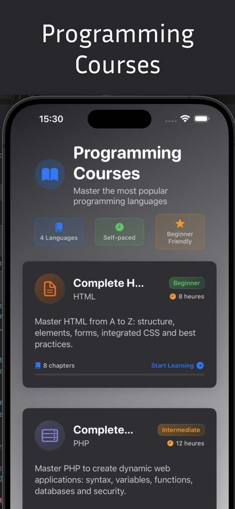 CodeGame mobile app interface showing programming courses for HTML and PHP.