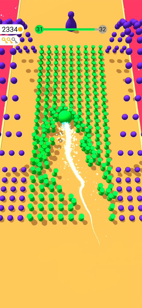 Gameplay of Color Bump 3D showing a green ball moving through green cylinders while avoiding purple spheres on a yellow path.
