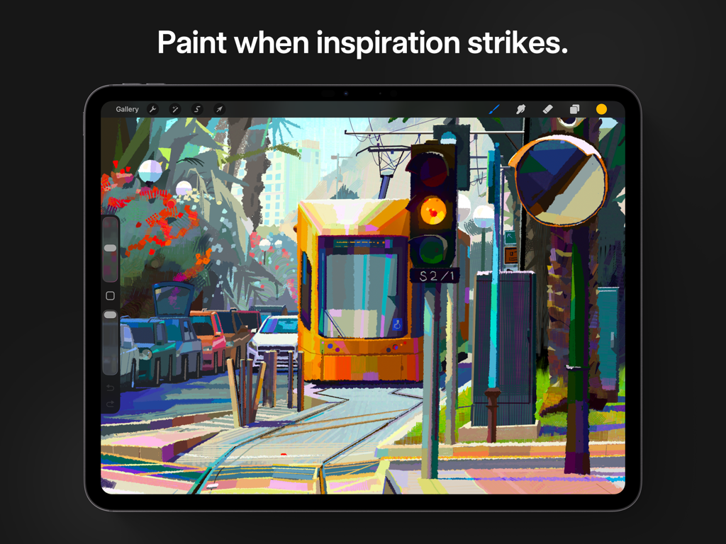 Procreate - Procreate 앱을 사용하여 Procreate 앱에서 iPad 화면에 표시되는 노란색 트램이 있는 도시 거리의 디지털 일러스트레이션