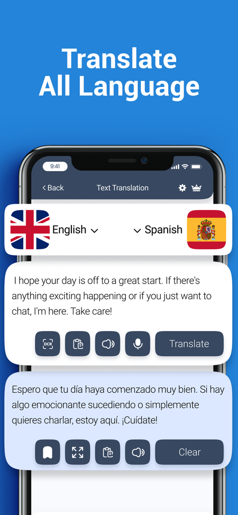 A smartphone screen displaying the text translation feature of the Translate Chat Translator app from English to Spanish