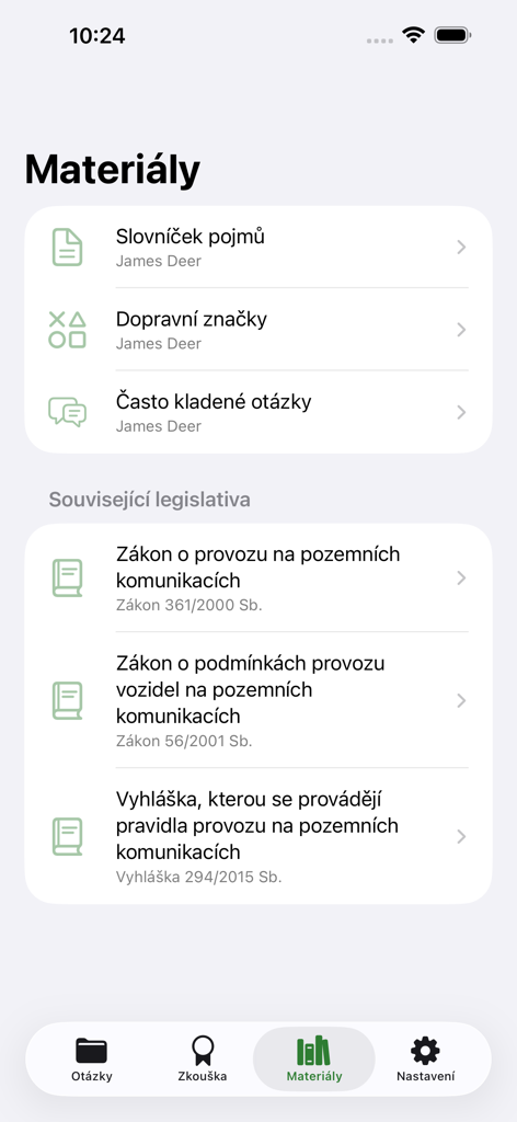 Study materials section of the Autoskola 2026 app showing traffic signs and legislation links