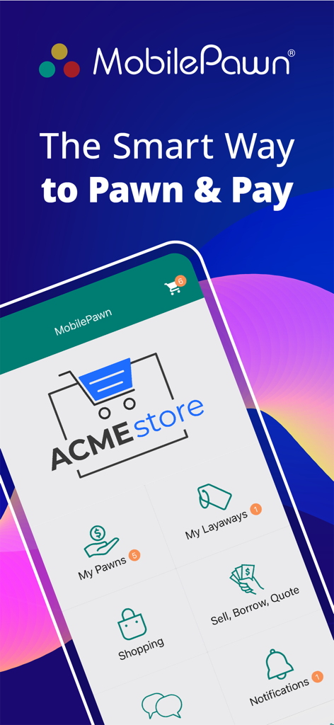 Pantalla de inicio de la aplicación MobilePawn que muestra opciones de gestión de empeño, planes de pago y compras