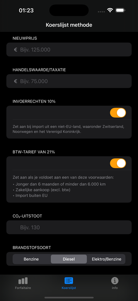 Interfaz de la aplicación de cálculo de BPM que muestra la pantalla del método de lista de precios con campos de entrada para el valor del vehículo e impuestos